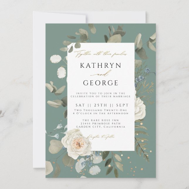 Floral Botanical Greenery Gold Calligraphy Wedding Invitation (Front)