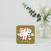 Floral Botanical Hashtag Olive Green Social Media Square Business Card (Standing Front)
