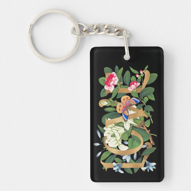 Floral Botanical Love Gold Foil Elegant Black Keychain (Front)