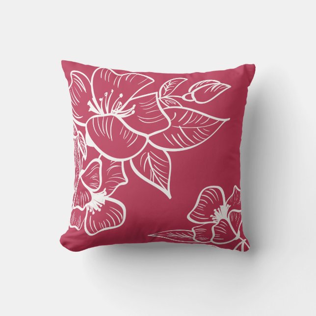 Floral Botanical Modern Trendy Magenta Red White Throw Pillow (Front)