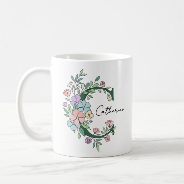 Floral Botanical Monogram | Custom Text Elegant Co Coffee Mug (Left)