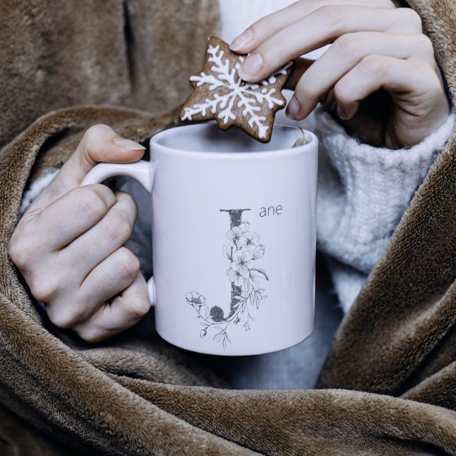 Floral Botanical Monogram | Custom Text Elegant Coffee Mug (Creator Uploaded)