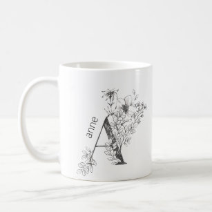 Floral Botanical Monogram   Custom Text Elegant Coffee Mug