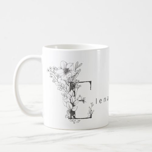 Floral Botanical Monogram E Custom Text Elegant Coffee Mug