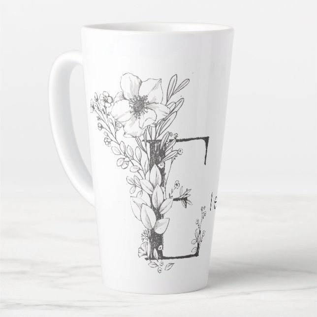 Floral Botanical Monogram "E" Custom Text Elegant Latte Mug (Left Angle)