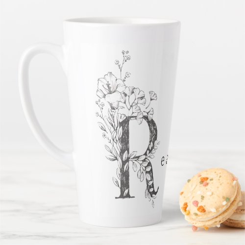 Floral Botanical Monogram R Custom Text Elegant Latte Mug
