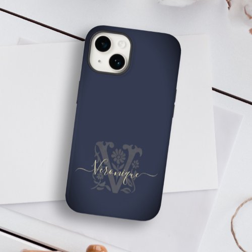 Floral Botanical Navy Blue  Gold V Name Monogram Case_Mate iPhone 14 Case