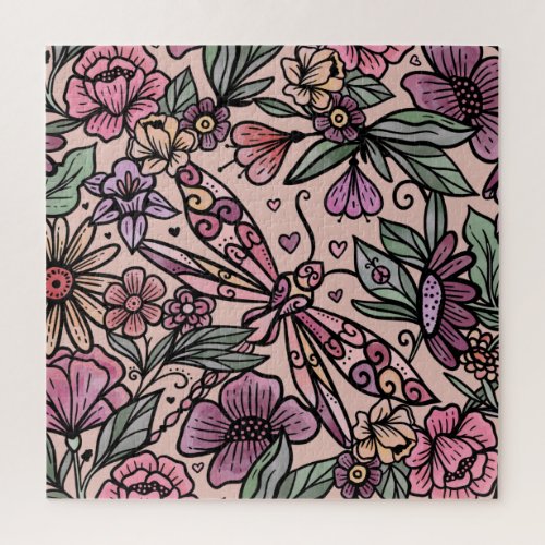 Floral Botanical Oasis  Dragonfly Watercolor Jigsaw Puzzle