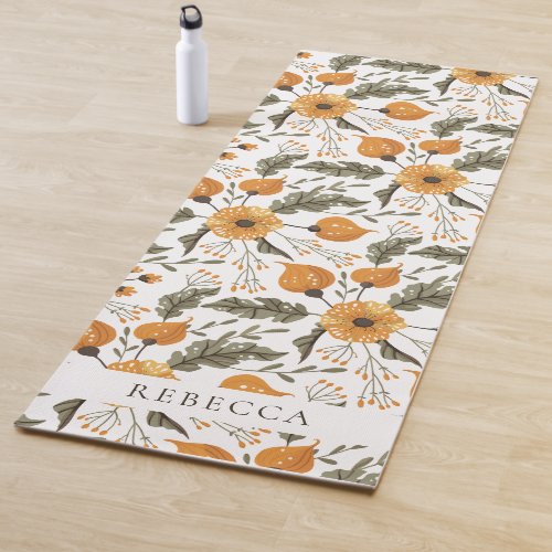 Floral Botanical Pattern Golden Green Custom Name Yoga Mat