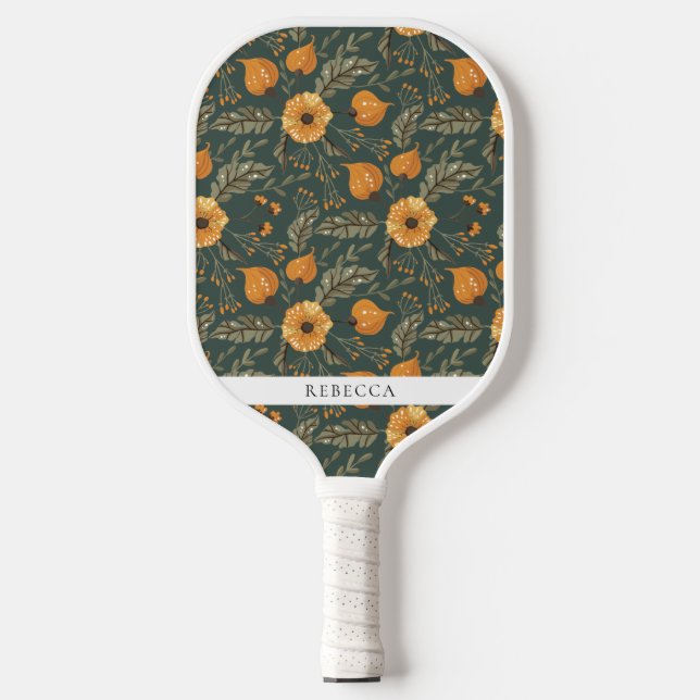 Floral Botanical Pattern Green Golden Custom Name Pickleball Paddle (Front)