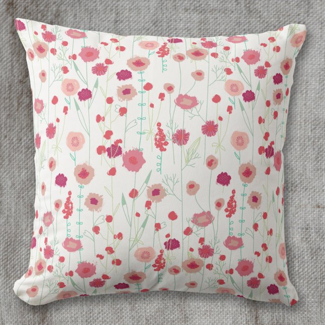 Floral Botanical Pattern Pink Throw Pillow (Pink red and white loose floral painting art throw pillow)