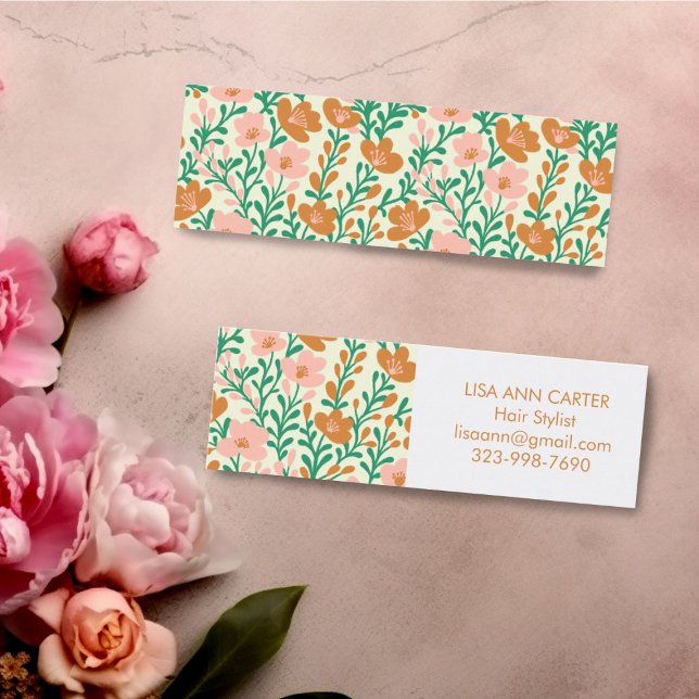 Floral Botanical Pattern Pretty Pink and Green Mini Business Card (Floral pattern mini custom business cards )