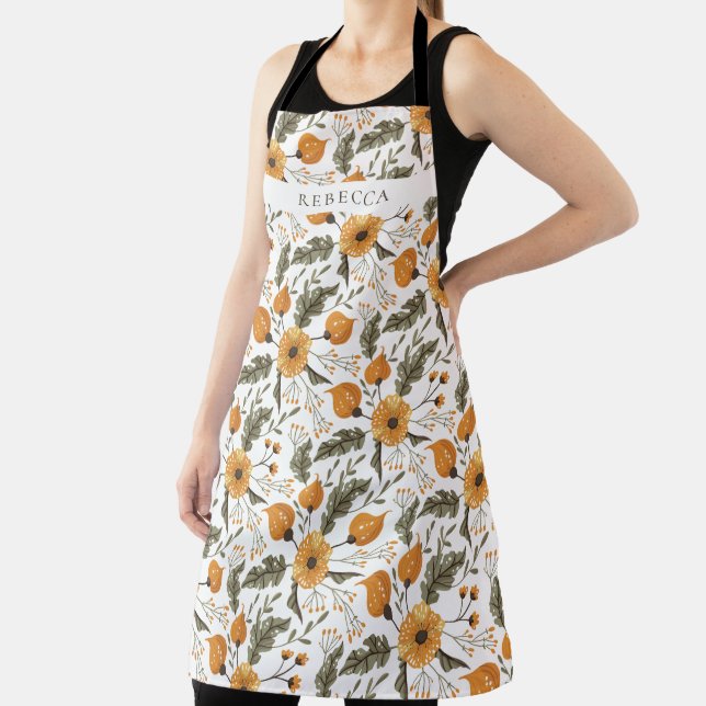 Floral Botanical Pattern White Golden Custom Name Apron (Insitu)