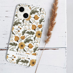 Floral Botanical Pattern White Golden Custom Name Case-Mate iPhone 14 Case