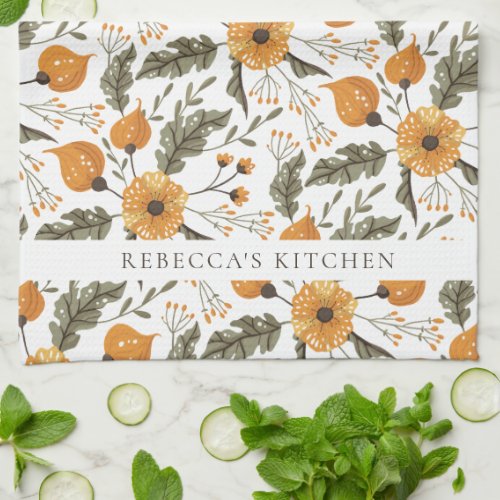 Floral Botanical Pattern White Golden Custom Name Kitchen Towel