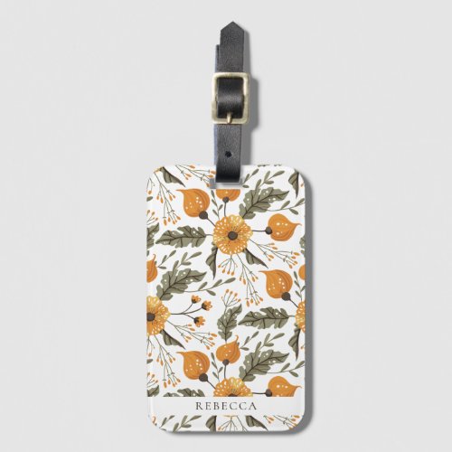 Floral Botanical Pattern White Golden Custom Name Luggage Tag