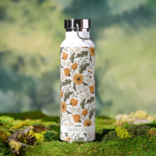 Floral Botanical Pattern White Golden Custom Name Water Bottle (Outdoor)