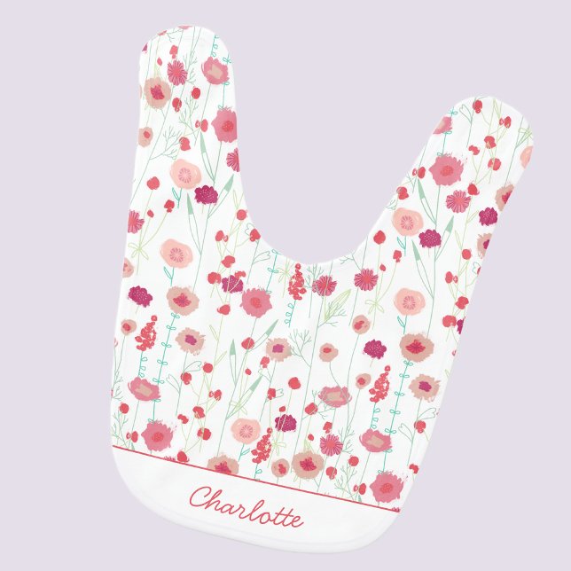 Floral Botanical Personalized Pink Baby Bib (Modern floral personalized name baby bib)