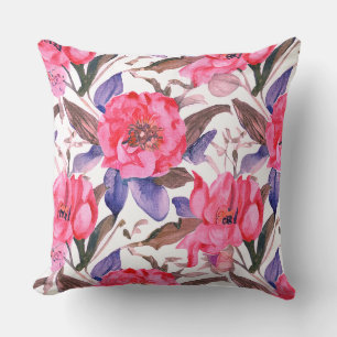 Floral botanical pink and purple pattern throw pillow