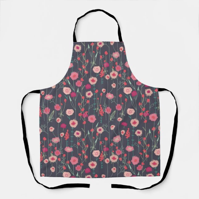 Floral Botanical Pink Black Apron (Front)