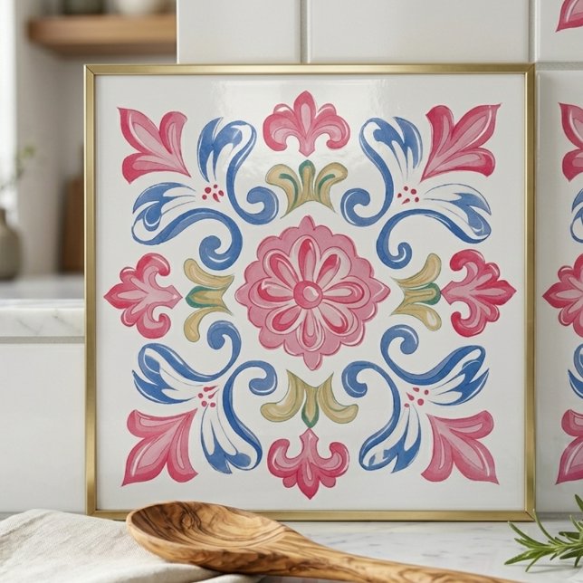 Floral Botanical Pink Blue Green Ceramic Tile (Floral Botanical Pink Blue Green Ceramic Tile)