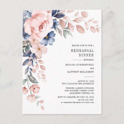 Floral Botanical Pink Flowers Rehearsal Dinner Invitation Postcard