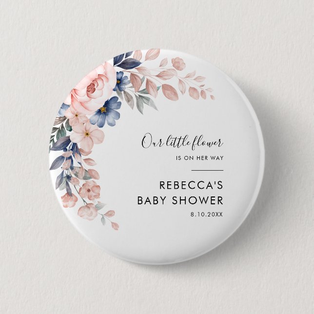 Floral Botanical Pink Foliage Baby Shower Button (Front)