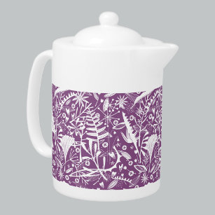 Floral Botanical Purple and White Teapot