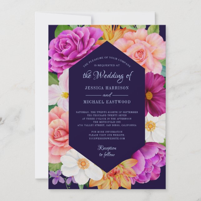 Floral Botanical Purple Pink Deep Blue Wedding Invitation (Front)