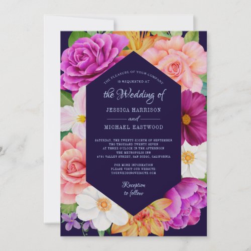 Floral Botanical Purple Pink Deep Blue Wedding Invitation