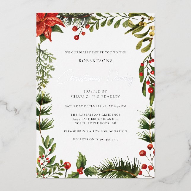 Floral Botanical Red Berries Christmas Silver Foil Invitation (Front)