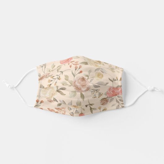 Floral botanical roses pattern blush peach beige adult cloth face mask (Front, Unfolded)