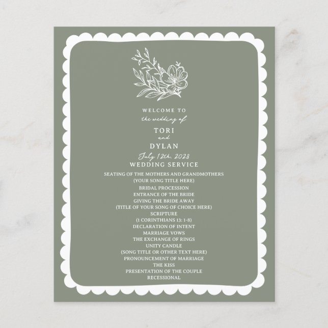 Floral Botanical Sage Green Scalloped Wedding (Front)