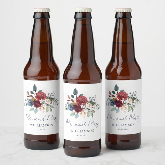 Floral Botanical Script Wedding Beer Bottle Label (Bottles)