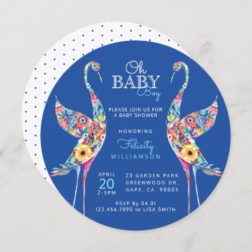 Floral Botanical Stork Baby Boy Shower Invitation