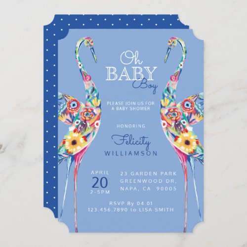 Floral Botanical Stork Baby Boy Shower Invitation