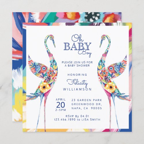 Floral Botanical Stork Baby Boy Shower Invitation