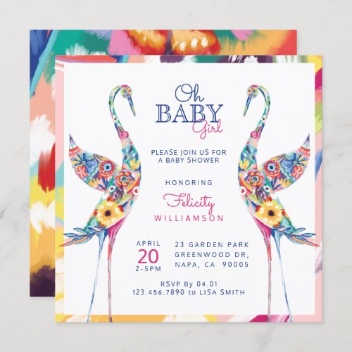 Floral Botanical Stork Baby Girl Shower Invitation