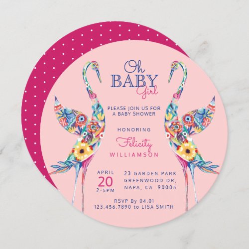 Floral Botanical Stork Baby Girl Shower Invitation