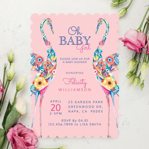 Floral Botanical Stork Baby Girl Shower Invitation