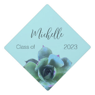 Floral Botanical Succulent Teal Graduation Cap Topper