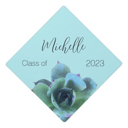 Floral Botanical Succulent Teal Graduation Cap Topper