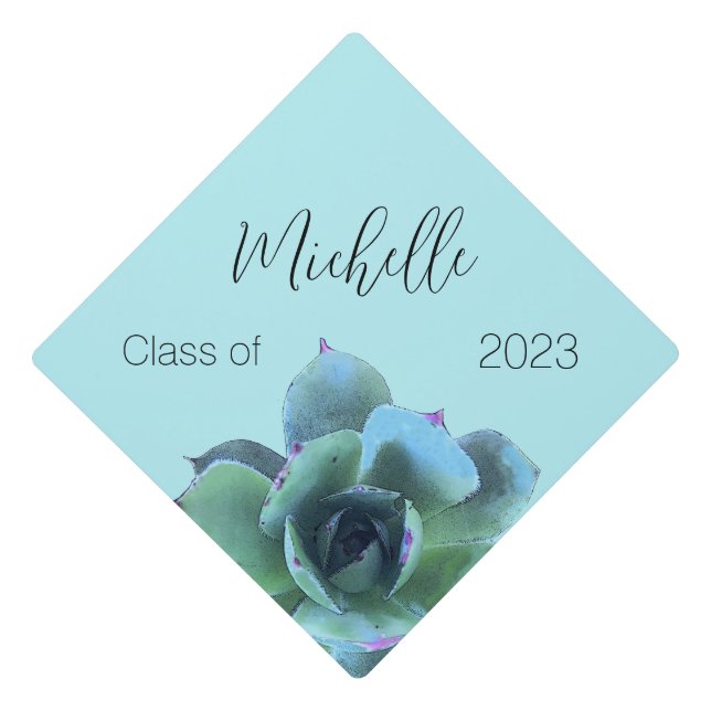 Floral Botanical Succulent Teal Graduation Cap Topper (Front)