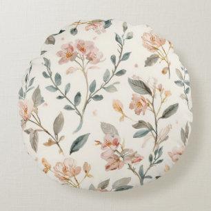 Floral Botanical Watercolor Leaves Beige Painted Round Pillow
