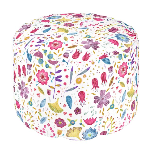 Floral Botanical Watercolor Pouf (Angled Front)