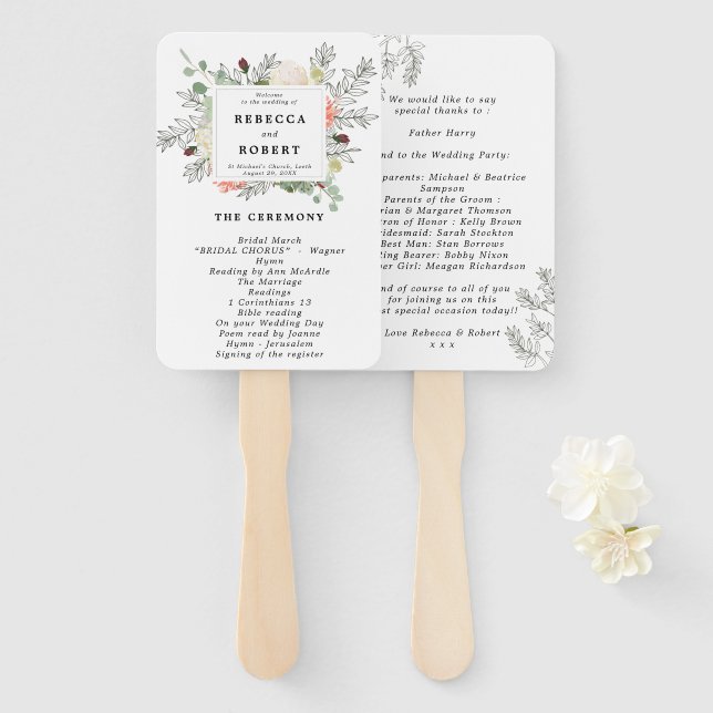 floral botanical wedding program fans (Front and Back)
