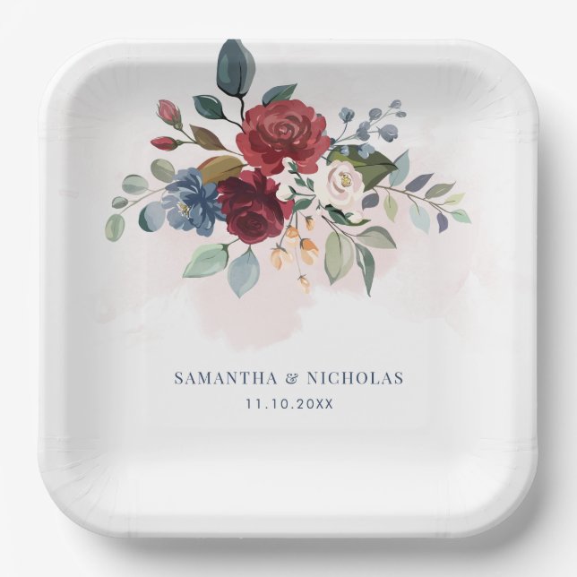 Floral Botanical Wedding Reception Paper Plates (Front)