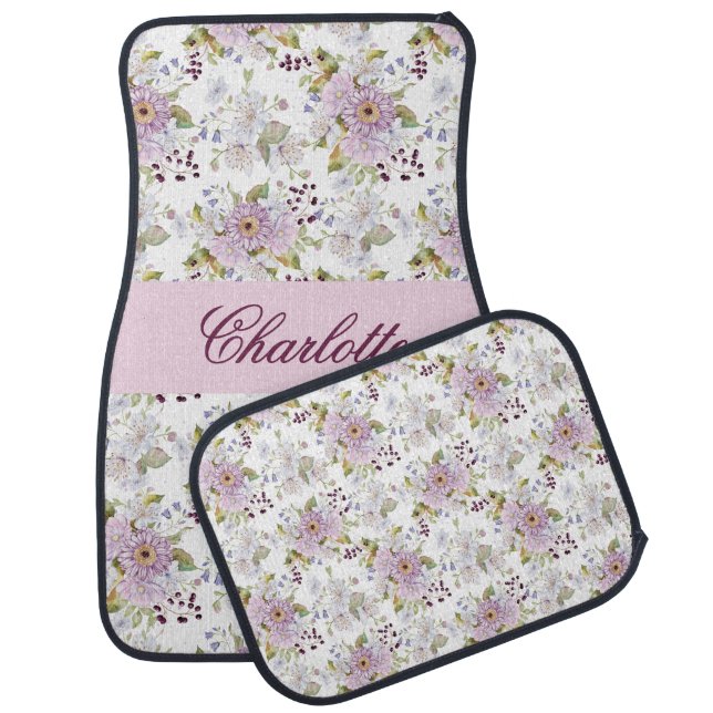 Floral Botanical Wildflower Monogram Name Car Floor Mat (Set)