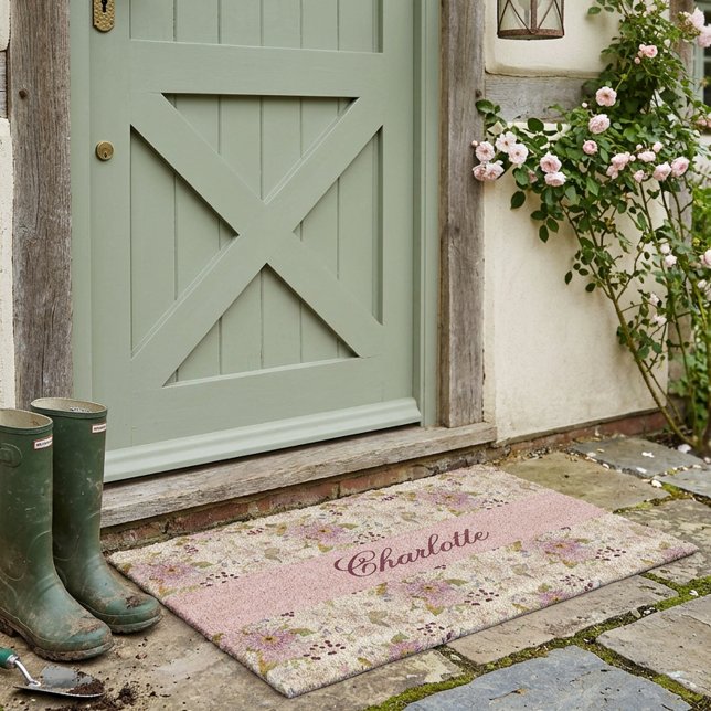 Floral Botanical Wildflower Monogram Name Fiber Doormat (Floral Botanical Wildflower Monogram Name)