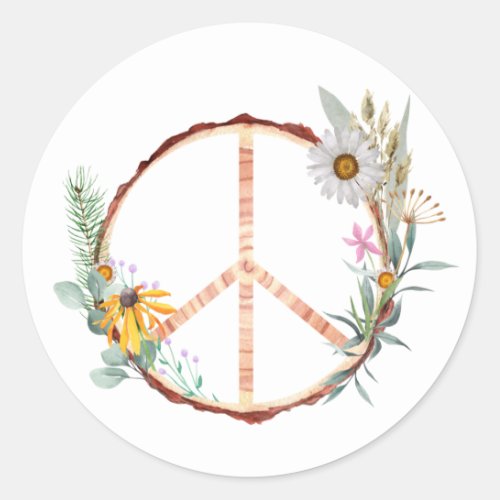 Floral Botanical Wooden Peace Sign Classic Round Sticker